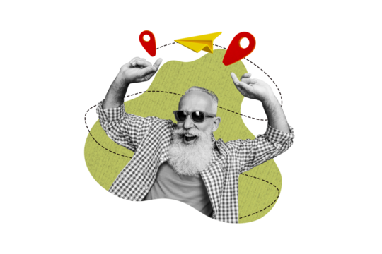 Collage elder funky joyful pensioner dance travel agency tourist summer vacation fly abroad departure gps location paper airplane