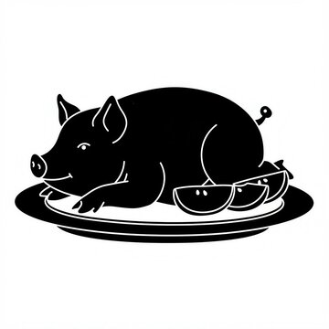 black pig on plate with apple slices clip art preview