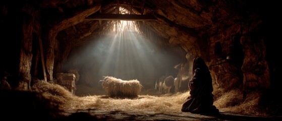 Sacred Bethlehem Stable Illuminated under Starry Sky.