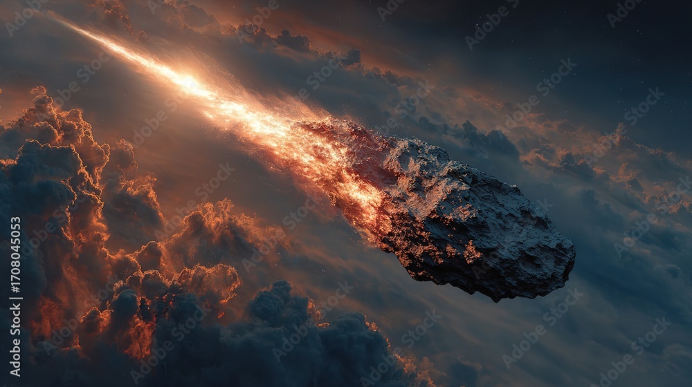 Poster meteor streaks through cloudy sky with burning tail celestial event.