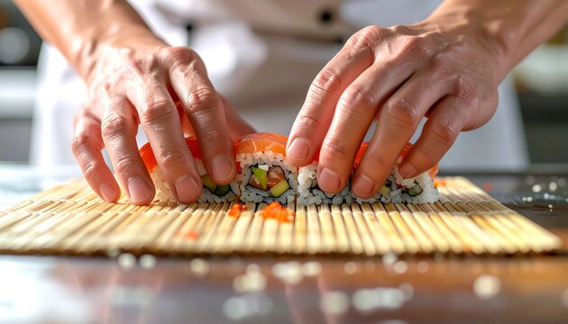 Chef forming sushi roll now.