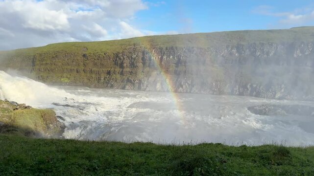 Rainbow Over Waterfall Gullfoss Golden Circle, Iceland