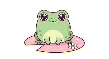 Cute cartoon frog sitting on a pink lily pad with a small white flower