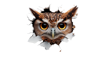 Owl peeking through torn paper