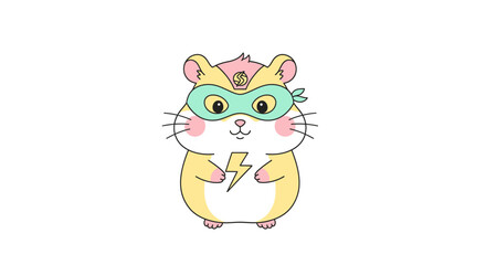 Cute cartoon hamster superhero with a lightning bolt symbol on its chest, wearing a green mask