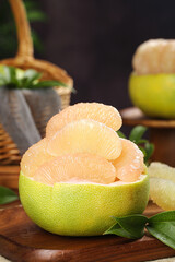 Fresh Fujian Pomelo Segments in Natural Bowl - Sweet Juicy Wendan Citrus Fruit on Wooden Table