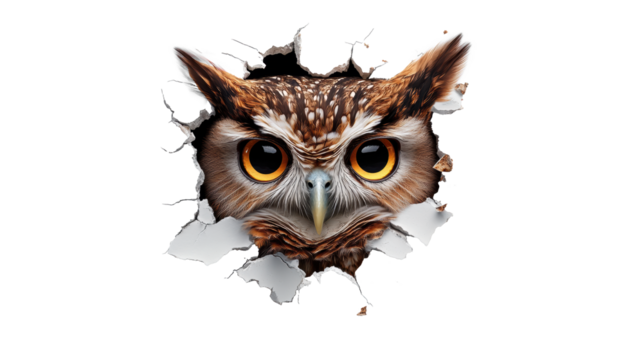 Owl peeking through torn paper