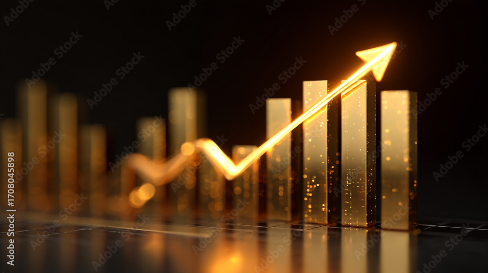 Poster golden bar graph with upward trending arrow against a dark background