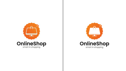 Online Shop Logo with Shopping Bag, Badge, Computer, Monitor and Cursor Icon. Minimal E-commerce Emblem-type Store Logo Symbol in Orange Gradient.
