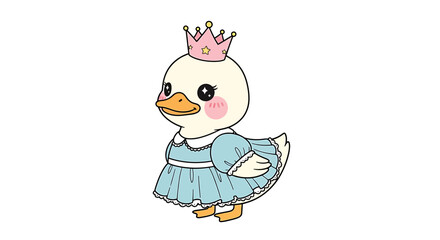 Cute cartoon duckling wearing a light blue princess dress and a pink crown