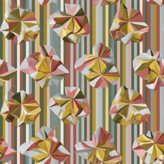 Abstract Geometric Pattern with Origami Floral Design and Striped Background.