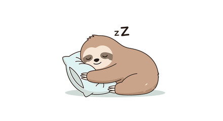 Cute cartoon sloth sleeping peacefully on a light blue pillow, , with zz text above indicating sleep