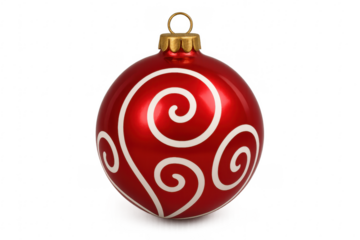 Red christmas ball ornament with white swirls on transparent background