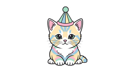 Cute cartoon kitten wearing a colorful party hat, sitting and looking forward