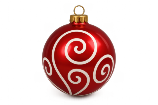 Red christmas ball ornament with white swirls on transparent background