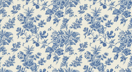 Elegant Chinoiserie Pattern Featuring Blue Floral Designs on a Cream Background Perfect for Wallpaper and Textile Applications with a Refined Touch
