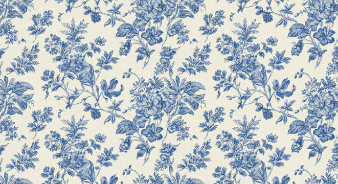 Elegant Chinoiserie Pattern Featuring Blue Floral Designs on a Cream Background Perfect for Wallpaper and Textile Applications with a Refined Touch - Powered by Adobe