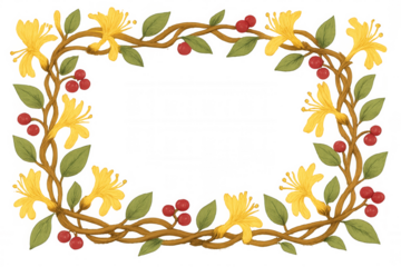 Honeysuckle frame intertwining yellow blossoms, red berries against transparent backdrop, showcasing natural woven design