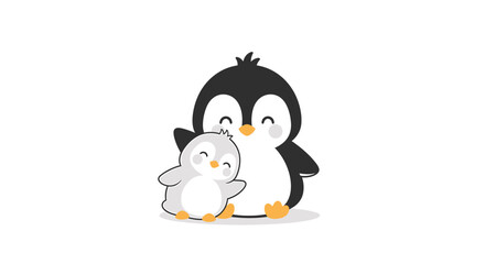 Cute cartoon illustration of a mother penguin and her baby penguin, , representing family, love, and togetherness in a simple and charming style