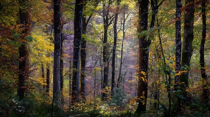 Fototapeta premium Autumn Forest Scene with Tall Trees and Colorful Foliage in Morning Light