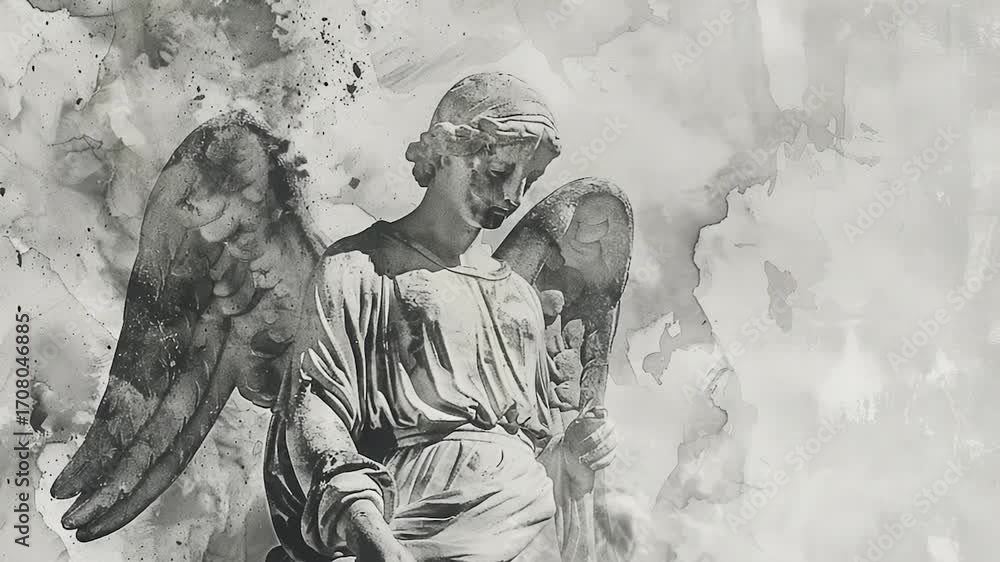 Poster a classic angel statue in black and white, ideal for use in editorial or creative projects where a t