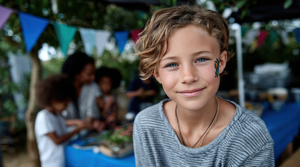 A boy wearing striped clothes smiles serenely while showing off his colorful face paint at a community event, reflecting joy and youthful spirit amidst festive decor.