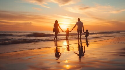 Family silhouettes walking along beach shore holding hands, soft pastel sunset tones, faceless and timeless.