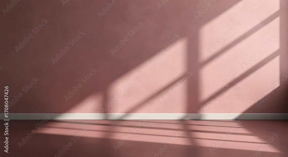 Poster sunlight from a window casting diagonal shadows on a pink wall and floor in an empty room.