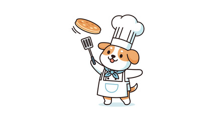 Cute cartoon dog wearing a chef hat and apron, flipping a pancake with a spatula, , representing cooking and baking with a playful character
