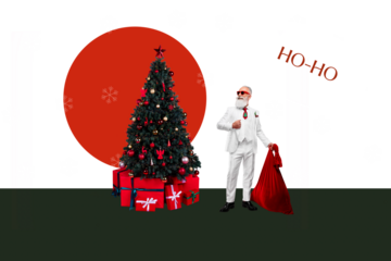 Trend artwork sketch image collage of merry christmas new year holiday celebration aged man santa claus hoho eve tree present box bag