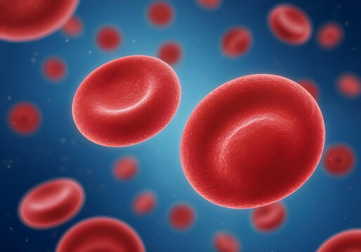 Red blood cells float in a blue background.