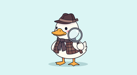 A cute cartoon duck dressed as a detective, wearing a hat and scarf, holding a magnifying glass, against a light blue background, representing investigation and curiosity