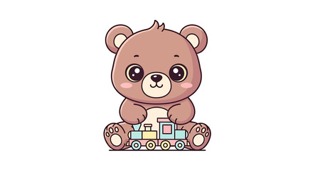 Cute cartoon teddy bear sitting and holding a toy train