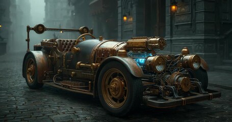 Sitting steampunk car showing brass piping and glowing engine, in misty Victorian cobblestone alley - Powered by Adobe