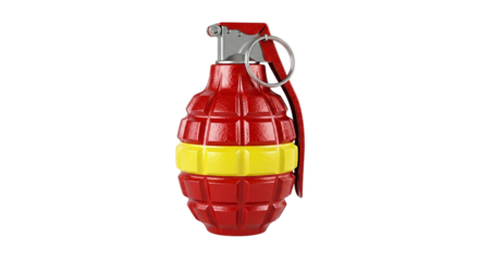 A bright eye catching grenade bursting with intense Spanish pride painted with vibrant national colors against a stark