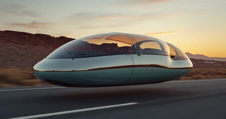 Emerging from distance, sleek silver hovercar gliding along desert highway, sunset reflections - Powered by Adobe