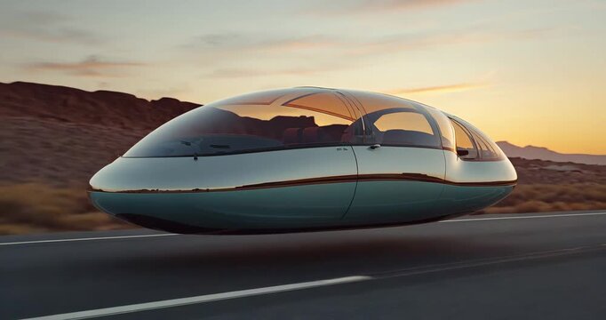 Emerging from distance, sleek silver hovercar gliding along desert highway, sunset reflections
