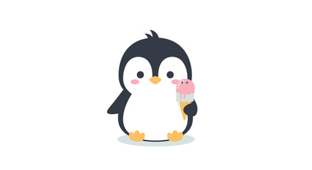 Cute cartoon penguin character holding a pink and white ice cream cone