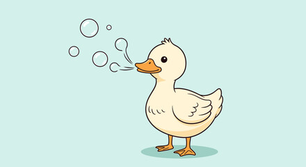 Cute cartoon duckling blowing bubbles, isolated on a light blue background, with a whimsical and playful illustration style, perfect for childrens books and designs
