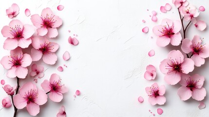 Pink cherry blossoms arranged symmetrically on a white background with copy space in the center.