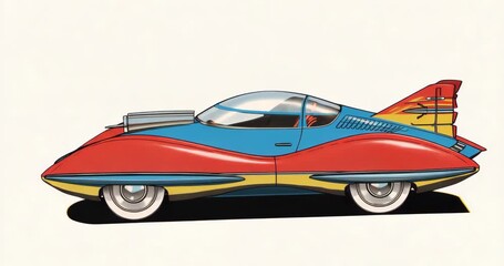 Illustration initiating pivoting concept car in studio with bubble canopy, tail fins front to rear - Powered by Adobe