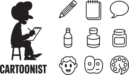 Cartoonist Silhouette with Drawing Tools Icons Set on Transparent Background Vector