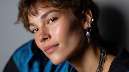 This image captures a stylish portrait of a young person showcasing modern jewelry, emanating confidence and contemporary fashion aesthetics in a creative setting.