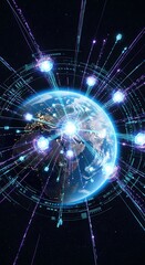 Obraz premium Global network connections radiating outward from a depicted planet, showcasing a futuristic, technological illustration.