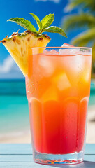 Refreshing Tropical Cocktail on a Beach with Pineapple and Mint Garnish on a Sunny Day