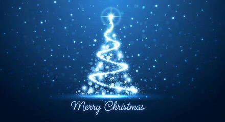 A glowing christmas tree with a star on top and the words merry christmas in cursive on a blue background with snow falling down in the background
