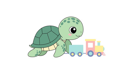 Cute cartoon baby turtle with a toy train, , perfect for childrens books and educational materials