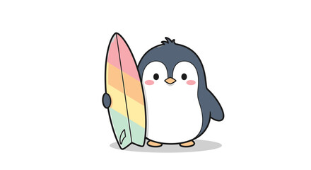 Cute cartoon penguin holding a colorful surfboard