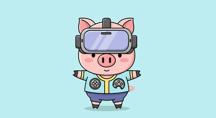Fototapeta premium Cute cartoon pig wearing a virtual reality headset and a tshirt with game controllers, standing against a light blue background, representing technology and gaming fun