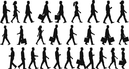Multiple silhouettes of business men and women walking, carrying briefcases, professional office workers, corporate team, urban commute, formal attire, isolated on white background.
